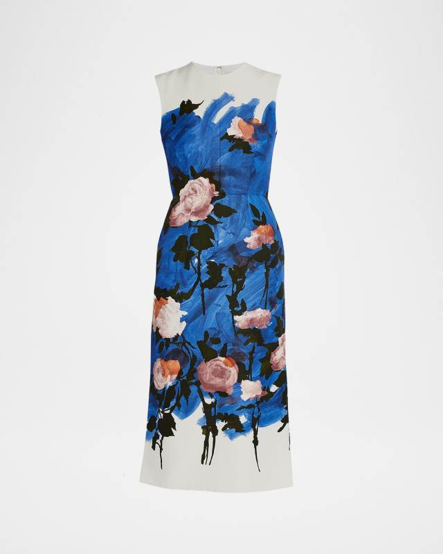 Sleeveless Painterly Floral Midi Pencil Dress